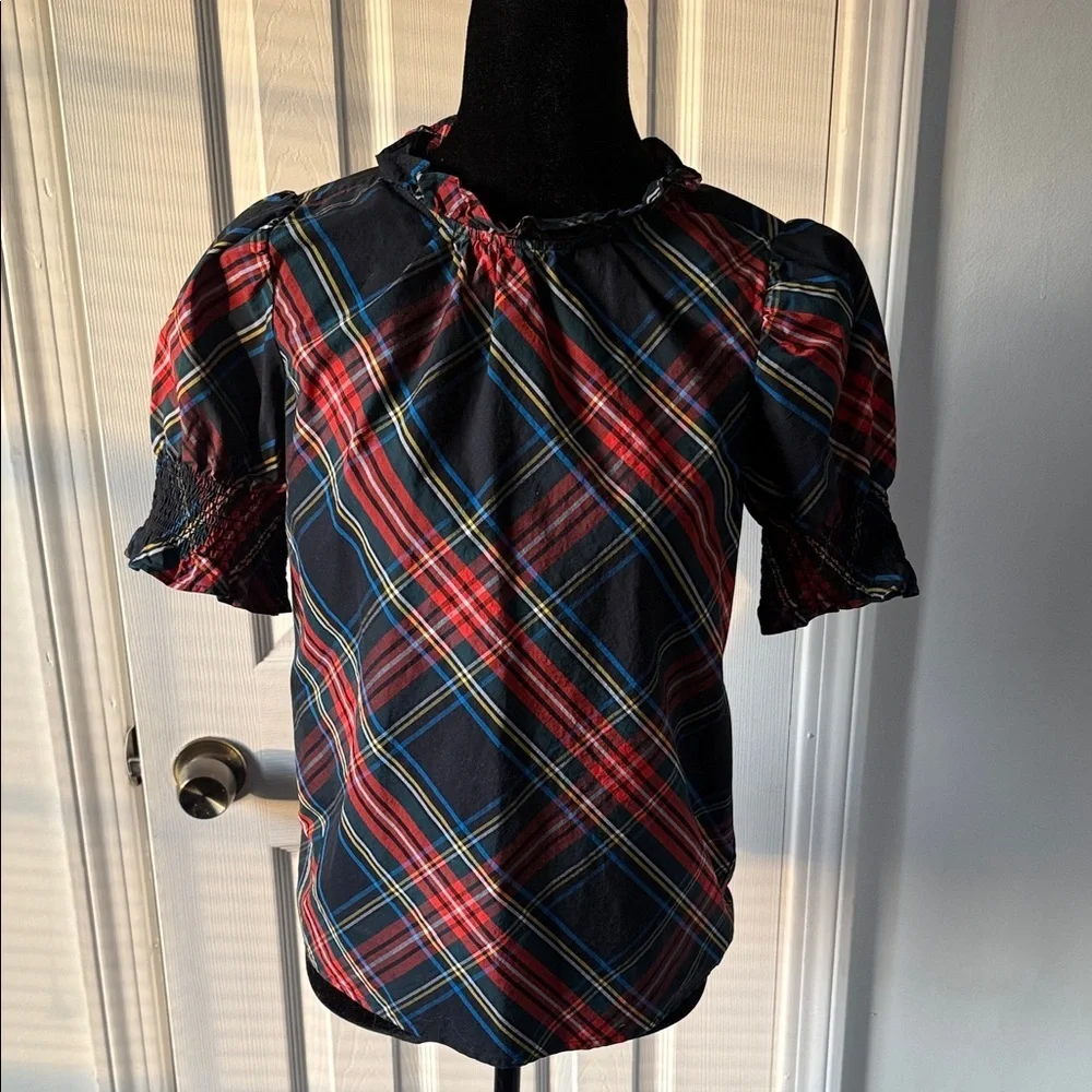 J.Crew Plaid Tartan Puff Sleeve Blouse Top XXS Cotton Holiday Preppy